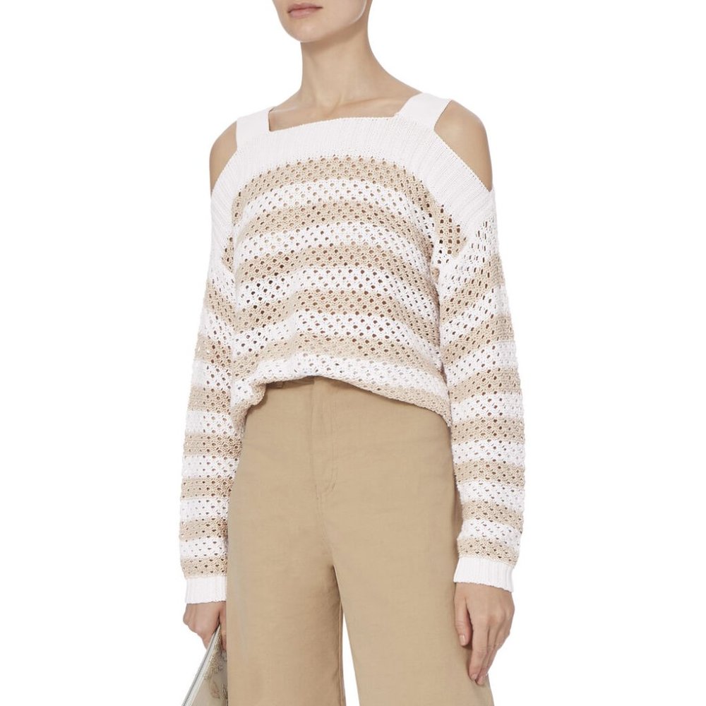 Cotton by Autumn Cashmere Beige and White Mesh Cold Shoulder Striped Sweater